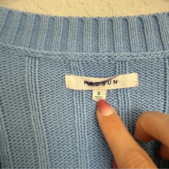 Pacsun Baby Blue Ribbed Knit V Neck Sweater Size S Oversized Preppy Embroidered - Picture 6 of 8